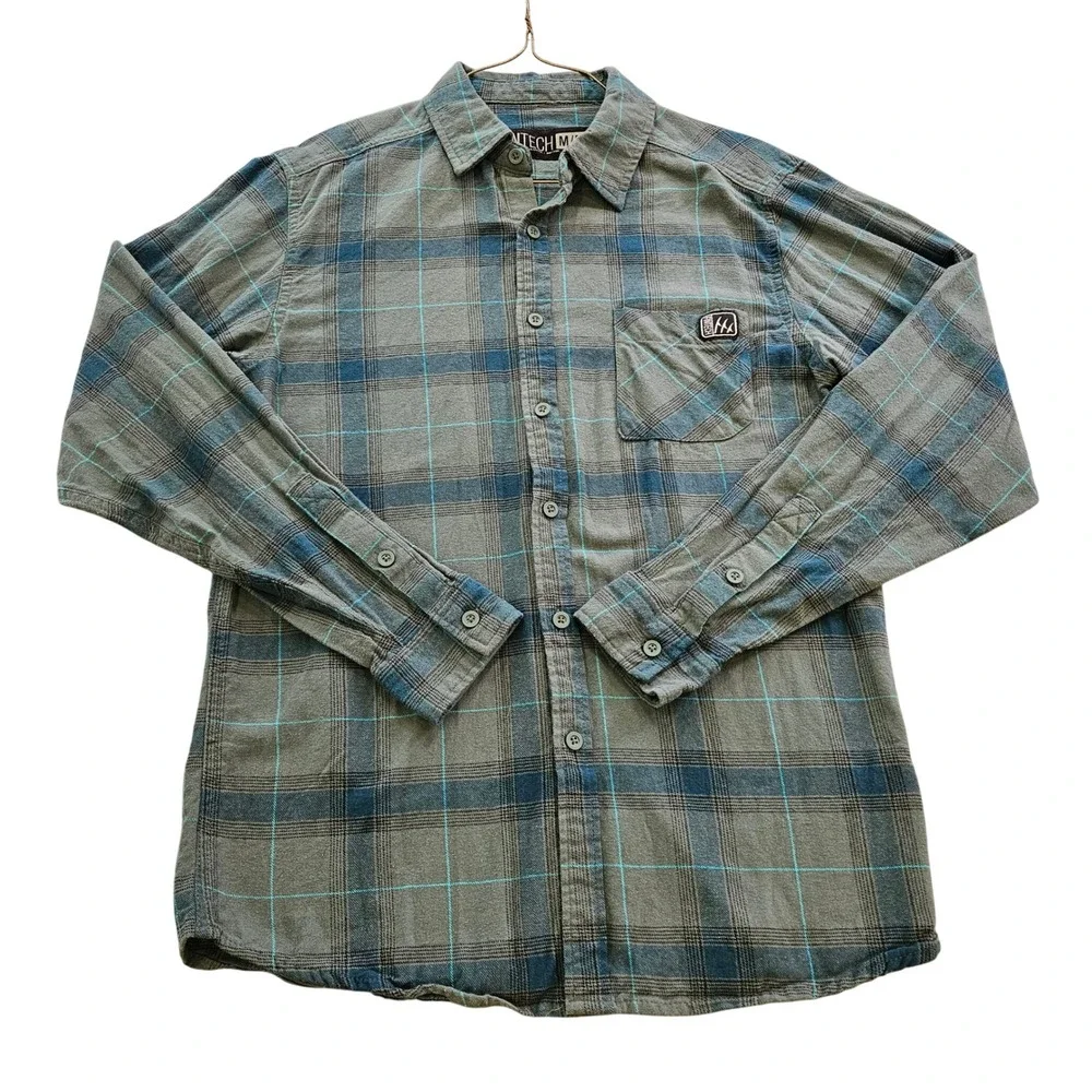 Fintech Mens Plaid‎ Flannel Long Sleeve Button Down Shirt Grey Blue Teal Size M
